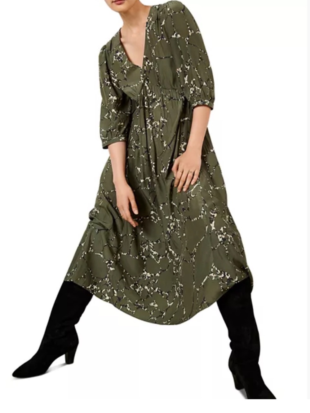 ba&sh Mosiris Olive Green Abstract Print Midi Dress XS Parisian Boho Flowy Chic